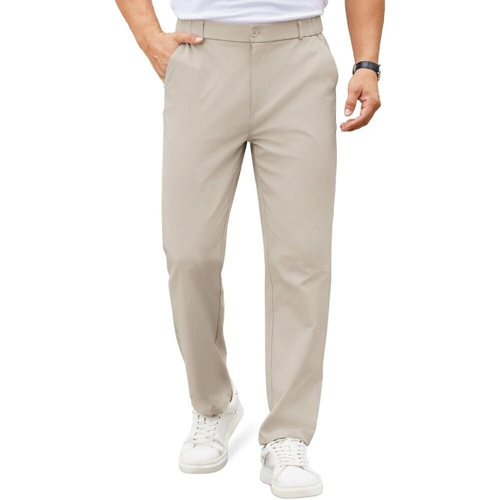 Coofandy Men Light Khaki Elastic Waist Business Dress Pants with Pockets